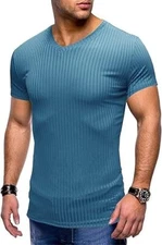 Men’s Muscle T Shirt V & Crew Neck Short Sleeve Summer Casual Slim Fit Blue