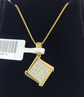 Real 10k Yellow Gold Square Diamond Pendant Box Chain