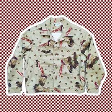 Vtg 90s Denim Jacket With Native American Warbonnets Pattern Kelly Stryker