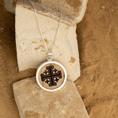 Sterling Silver 925 Necklace Jerusalem Cross Engraved  Jerusalem Stone Blessed 1