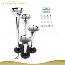 12V Chrome Metal 4 Trumpet Kit 150DB Train Air Horn Super Loud Kit
