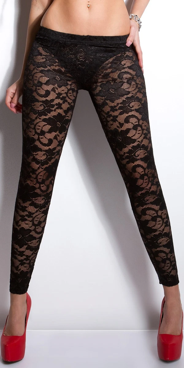 Sexy Ladies Hip Leggings Lace Flower Transparent Look S M 34 36