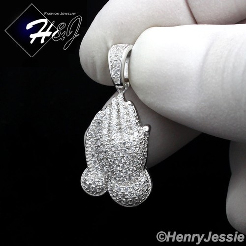 MEN WOMEN SOLID 925 STERLING SILVER ICY BLING CZ PRAYING HANDS PENDANT*SP114