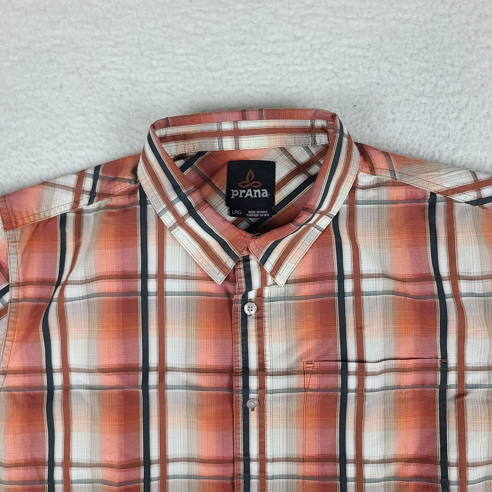 PrAna Shirt Mens Large Dark Orange Black Plaid Casual Outdoor Hiking Button Up - Image 3 of 4