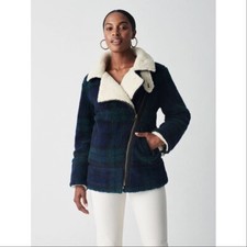 New Faherty Xl Montana Faux Shearling Plaid Asymmetric Zip Moto Coat Blue Sherpa