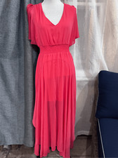 Express Womens coral Chiffon Maxi Dress V-Neck Smocked Waist Flutter Sleeve Med