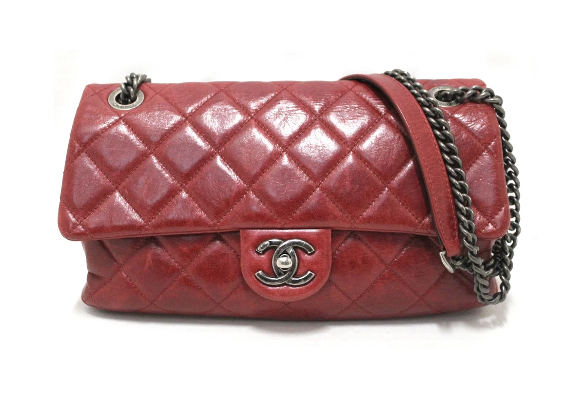 USED Chanel Red Aged Calfskin Leather Quilted Medium Easy Flap Shoulder Bag  AUTH