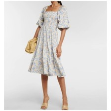 Polo Ralph Lauren Floral Shirred Cotton-Blend Midi Dress Blue Yellow Womens XXS