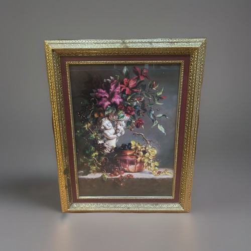 VTG HOMCO HOME INTERIORS  BURGUNDY CHERUB FLORAL PICTURE GOLD ORNATE FRAME