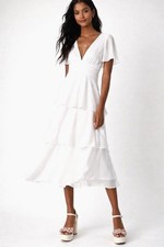 Lulus White Clip Dot Tiered Midi Dress V Neck Small Flutter Sleeve Rush