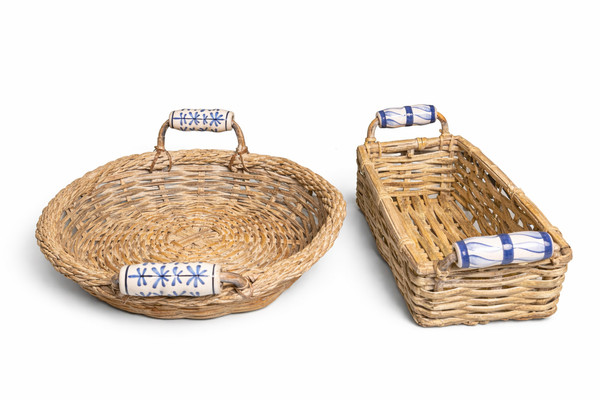 Vintage Wicker Basket Set with Blue & White Ceramic Handles (2-Piece)