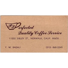 F.W. Badali Perfected Quality Coffee Service Norwalk Vtg Business Card SD9-B11