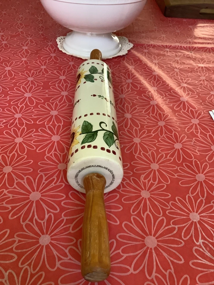 Ceramic Rolling Pin Sunflowers Green Leaves Wood Handles Baking Dough Country - Image 2 of 4