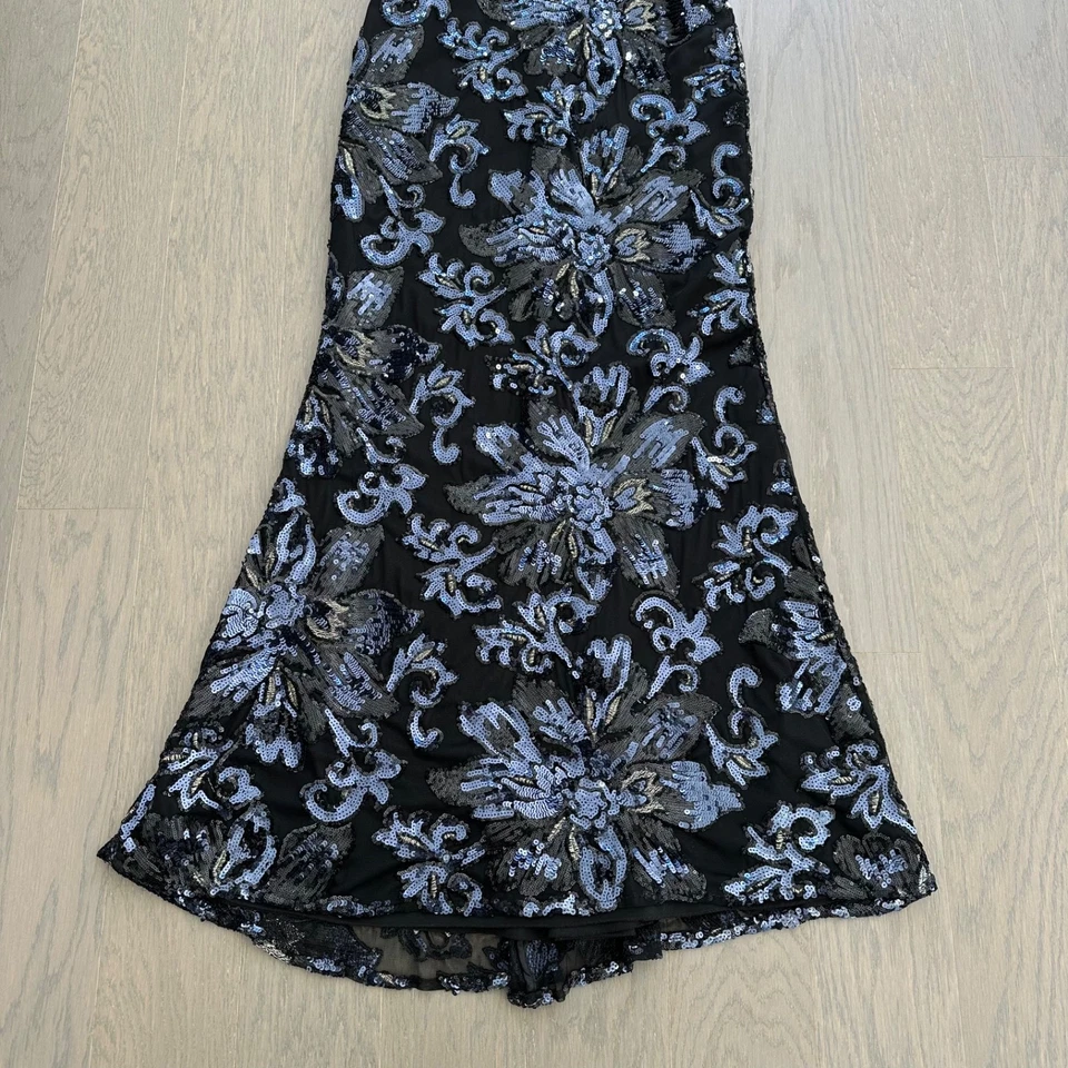 Платье Badgley Mischka Midnight Swirl с блестками рукавами-крылышками черное синее с цветочным рисунком размер 10 - Изображение 4 из 4
