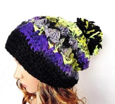Slouch Beanie with Pom Pom Multicolor Women's Ski Hat, Warm Winter Hat