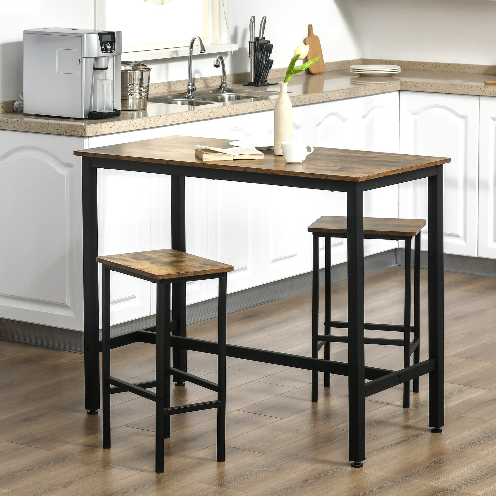 Homcom Rustic Brown Industrial Bar Table And Stools W/ 2 Stools, 3-Piece Counter Height Dining Table & Chairs For Kitchen, Living Room, Brown | Aosom Uk - Image 2