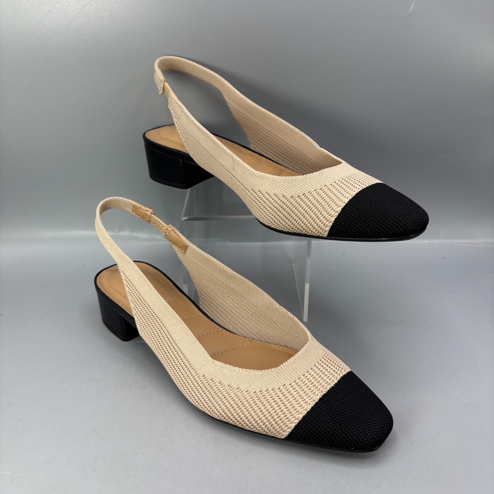 Kelly & Katie Veda Pump Shoes Womens 8.5 Tan Black Knitted Block Heel Slingback