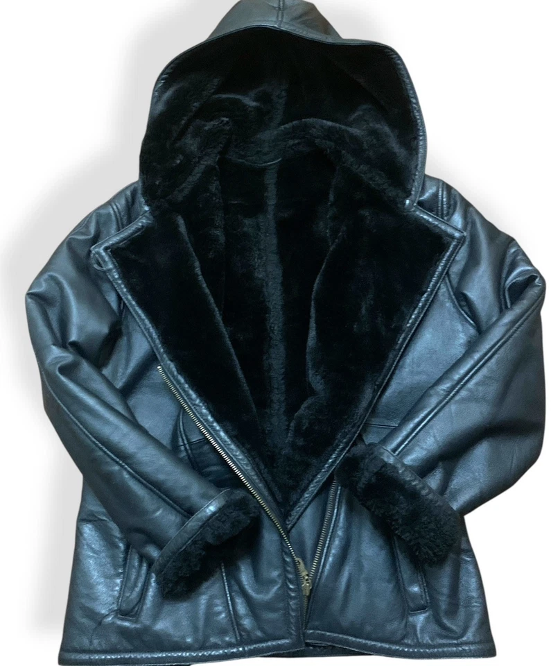 Wilsons Women’s Leather Jacket Black Faux Fur Lined Hooded Zip Sz M Mob Wife - Image 2 of 4