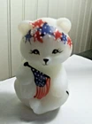 Fenton white satin glass patriotic RWB bear July 4th series flag stars D Barbour