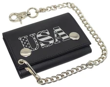 Men's Tri-fold RFID Blocking Biker Leather Steel Chain USA Wallet Snap Closure