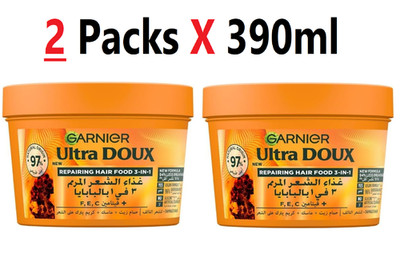 2X Garnier Ultra Doux Papaya Hair Food 3-in-1 Mask for Damaged Hair 390ml