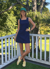 RNWK Renwick golf square neck linen navy shift dress, pockets Small $158