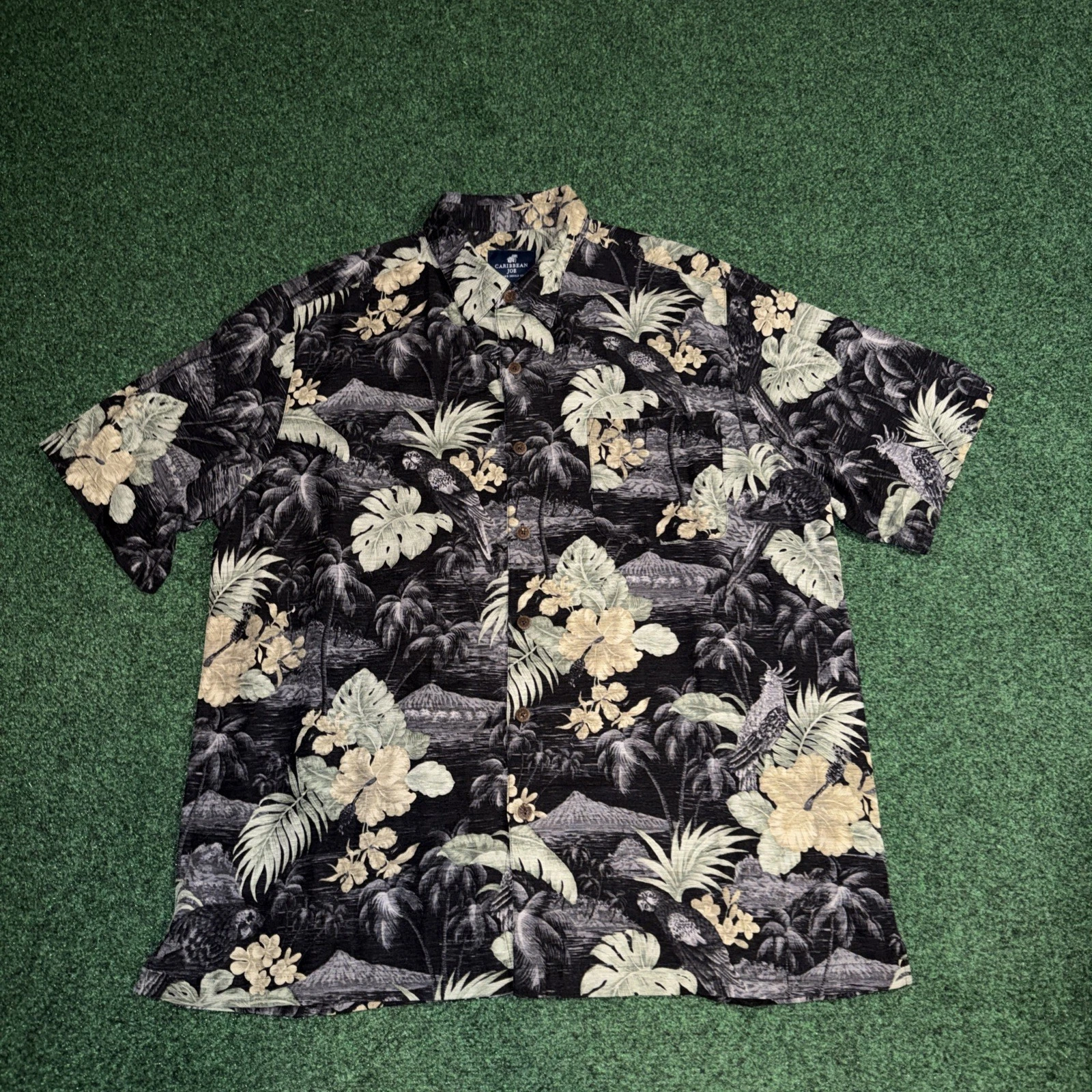 Caribbean Joe Button Down Shirt Black Floral Vacation Men's Size 2XL K10
