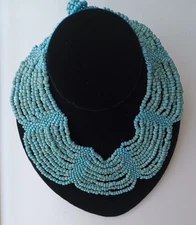 Multistrand Scalloped Seed Bead Bib Necklace Shades of Blue Choker Collar 15"