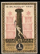 Notgeld Hamburg 1921, 1 Mark, Kultur u. Sportwoche 1921, Bismarckdenkmal 