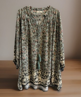 NATURAL LIFE Dara Dress S Floral V-Neck Tassel Tie Boho Tunic Green Fairy Whimsi
