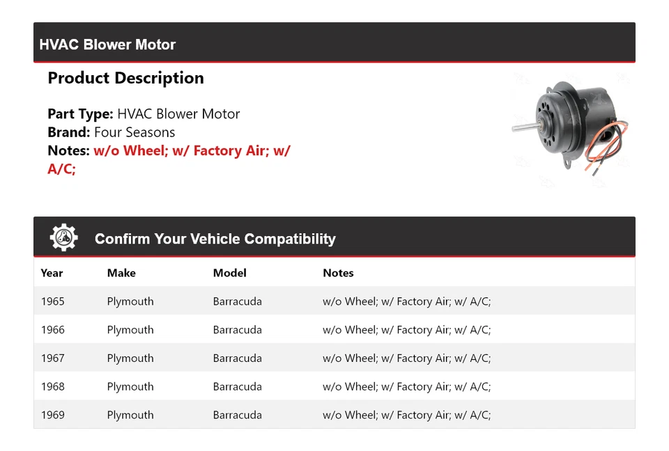 Motor soplador de climatización Plymouth Barracuda 1965-1969 4 estaciones 1966 1967 1968 Foto 2 de 4