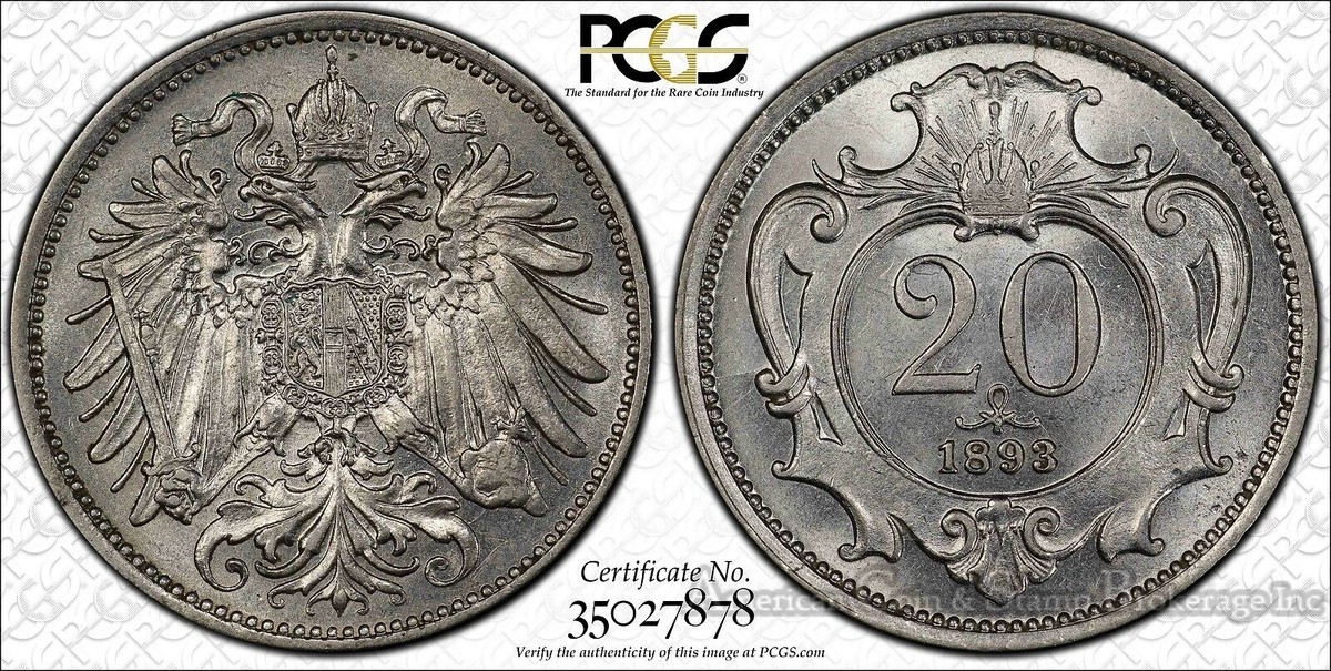 Austria 20 Heller 1893 MS65 PCGS nickel KM#2803 Franz Joseph I