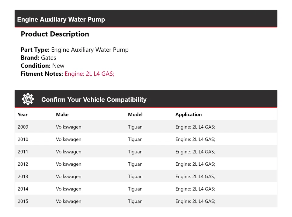 Para Volkswagen Tiguan 2009-2015 2L L4 Motor Gas Auxiliar Bomba Agua Puertas 2010 Foto 2 de 4