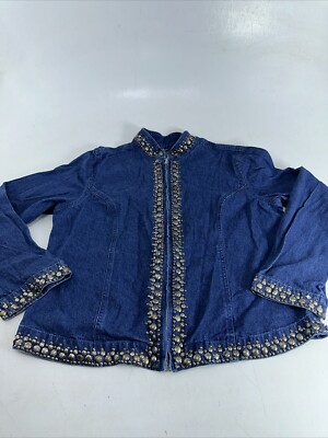 NEW DIRECTION Denim Jacket Zip Front Rhinestone Details Pockets Sz L