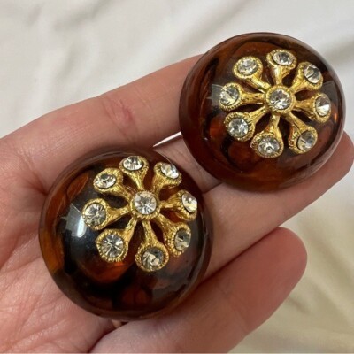 Chunky Vintage Clear Brown Lucite Rhinestone Starburst Statement Estate Earrings