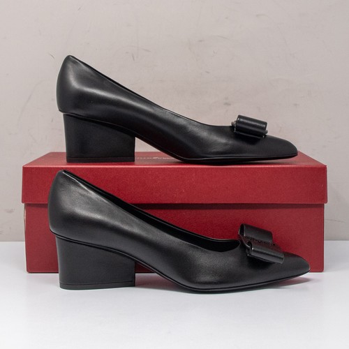 Salvatore Ferragamo Viva Bow Black Leather Heels, Size 7 B - Picture 2 of 8