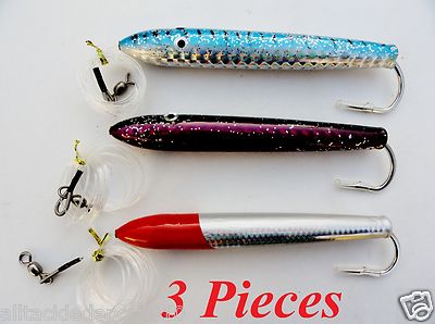 6'' Cedar Plugs Rigged 3 Pieces Mylar Tuna Mahi Trolling Fish Lures 3 Colors