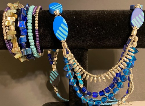 Beaded Wrap Bracelet with Blue Acrylic Bead Necklace - Picture 2 of 20