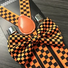 Orange Black Checker Suspenders and Bow Tie Matching Set Wedding Prom Adult 