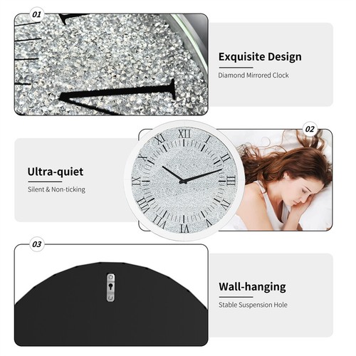 Elegant Crushed Crystal Mirrored Wall Clock Sparkle Diamante Beveled Edge Clock - Picture 12 of 13