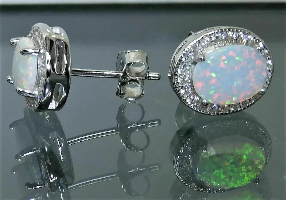 14k 镀白金女式 2 克拉椭圆形切割模拟火蛋白石光环耳钉 — 第 3/4 张图片