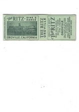The Ritz Oroville CA Matchbook Cover - No Striker - Dine & Dance Near Fishing