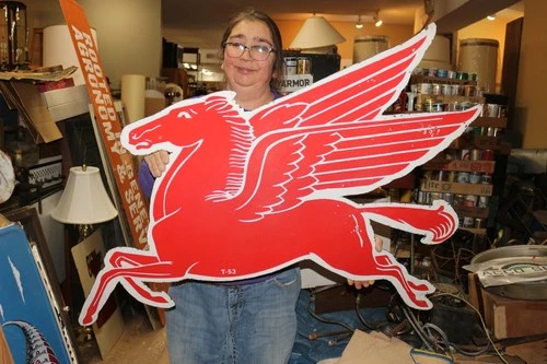 Rare Large 42" Vintage Mobil T-53 Pegasus Gas Station Porcelain Metal Sign