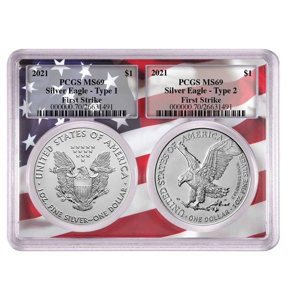 2021 $1 Type 1 and Type 2 Silver Eagle Set PCGS MS69 FS Flag Frame
