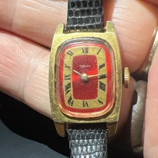 Vintage Timex Watch Women 19mm Gold Tone Tank Rectangle Dial Leather Strap WORKS