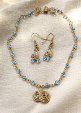 Handcrafted Gold Wire Blue Glass Bead Jewelry Set Necklace Earrings Bohemian