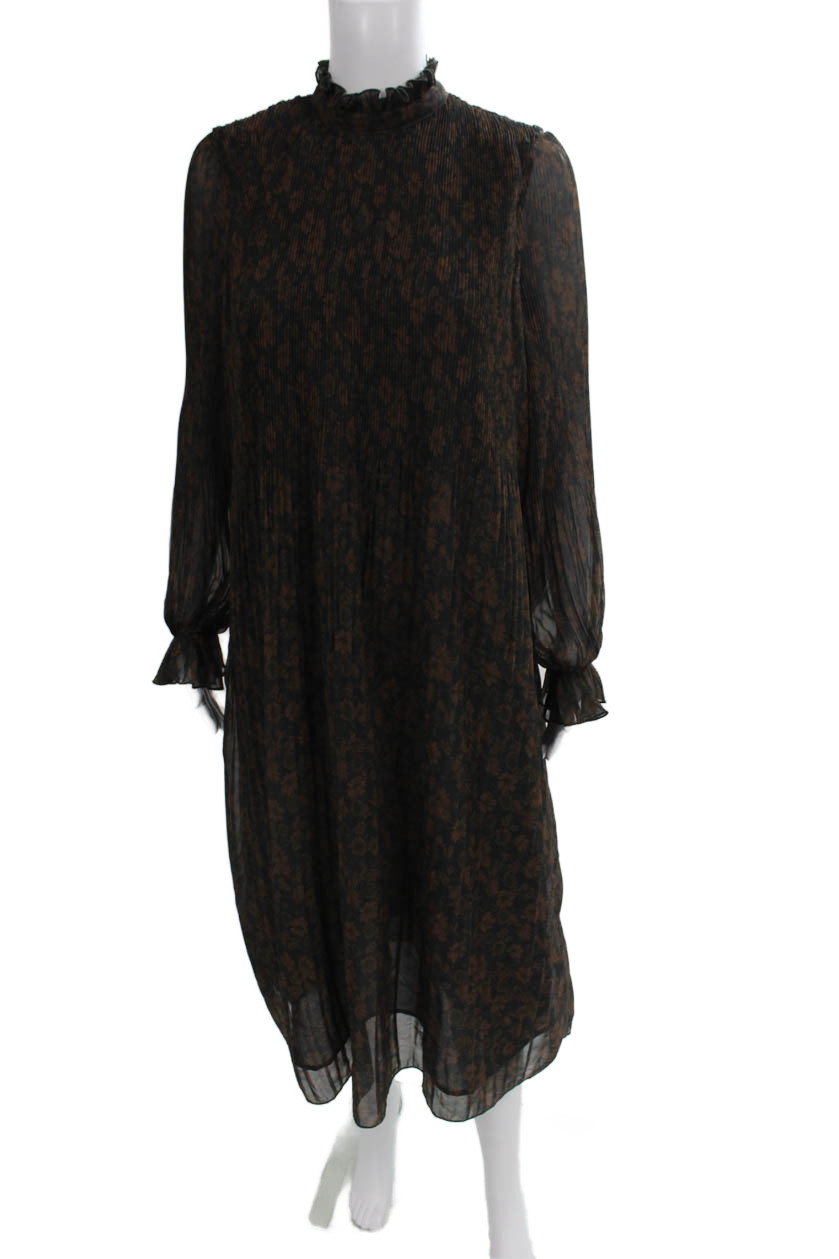 Ganni Women Shift Dress Black Floral Long Sleeve High Neck Zip Size 34Free Shipping in US $100+ Orders | $6.95 Orders Below