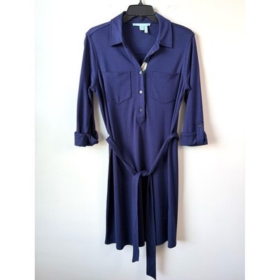 Draper James Popover Ponte Knit Belted Shirt Dress Nassau Navy S