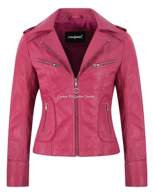 Damen Rider Biker Lederjacke Himbeerrosa Slim Fit Classic Style Jacke