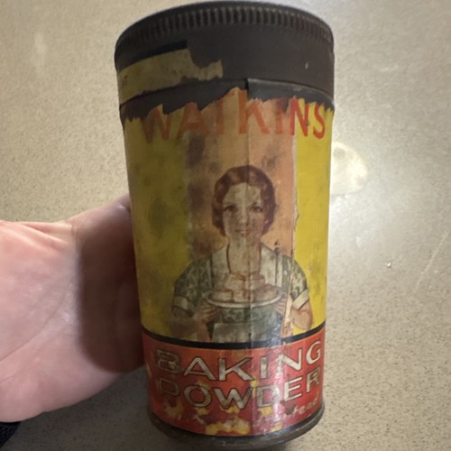 Watkins Baking Powder Advertising Tin Original Yellow Red Brown Bakery Theme